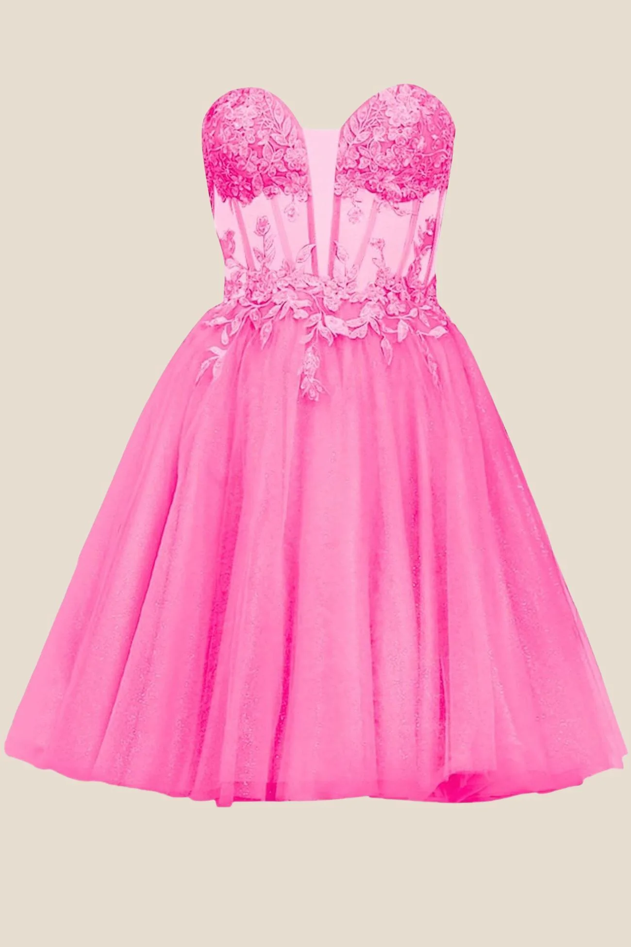 Plunge Hot Pink Appliques A-line Short Dress