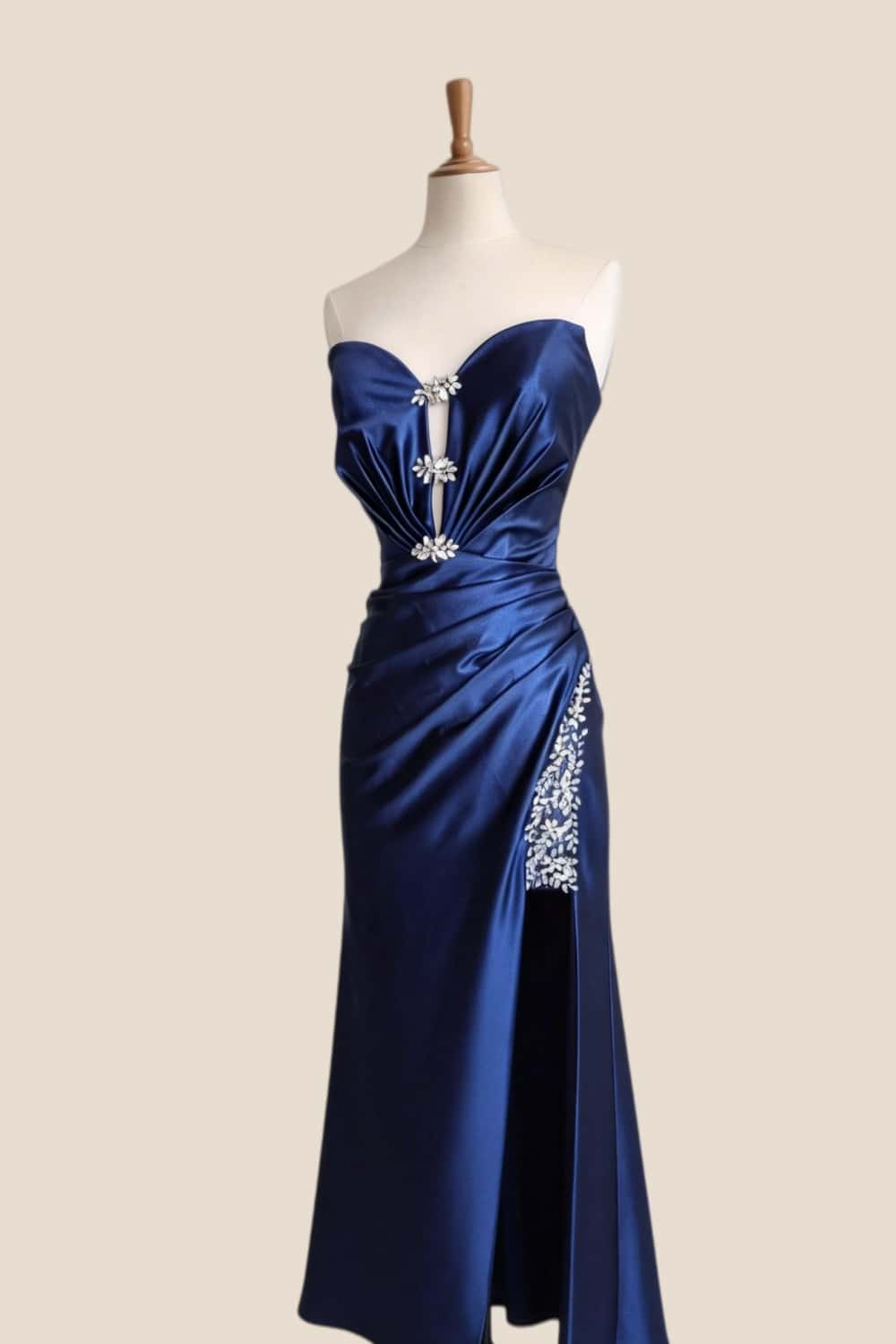 Plunge Navy Blue Ruched Slit Long Formal Dress - Image 2