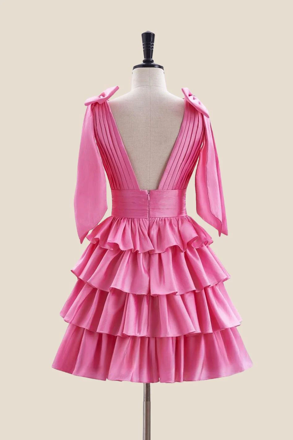 Plunge Neck Pink Layered Ruched Short Dress - Image 2