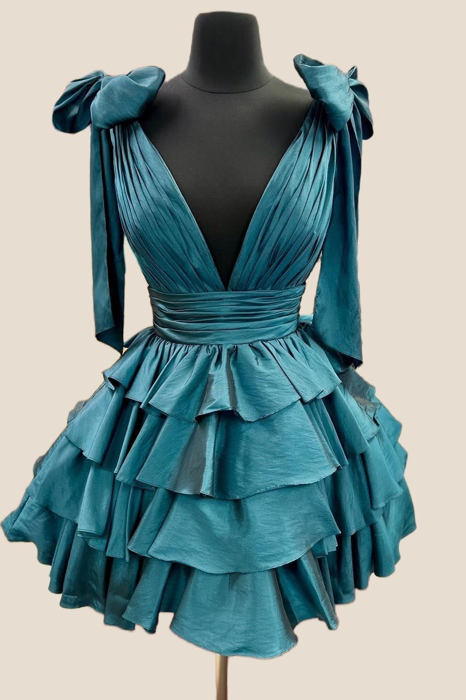 Plunge Neck Pink Layered Ruched Short Dress - Image 5