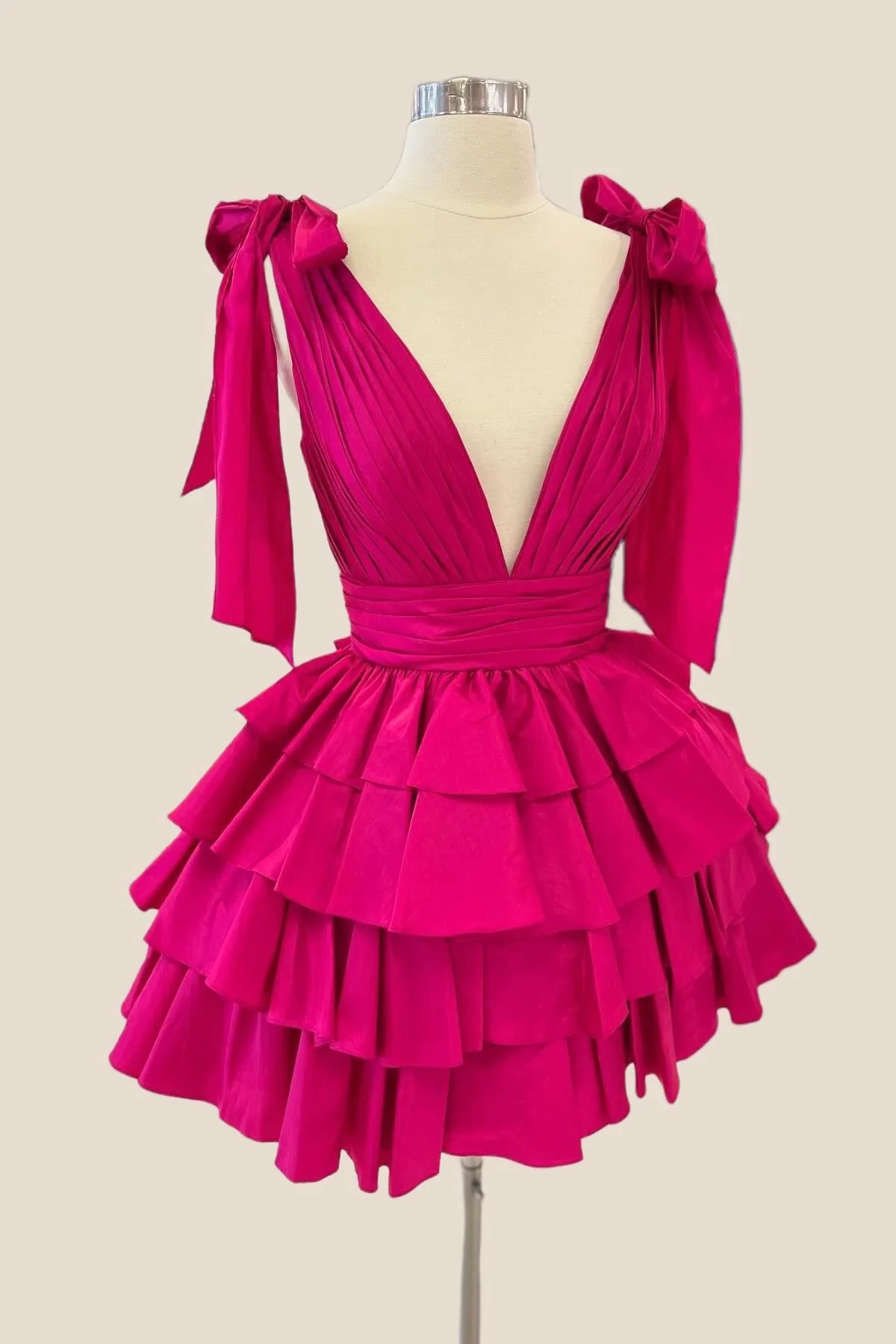 Plunge Neck Pink Layered Ruched Short Dress - Image 6
