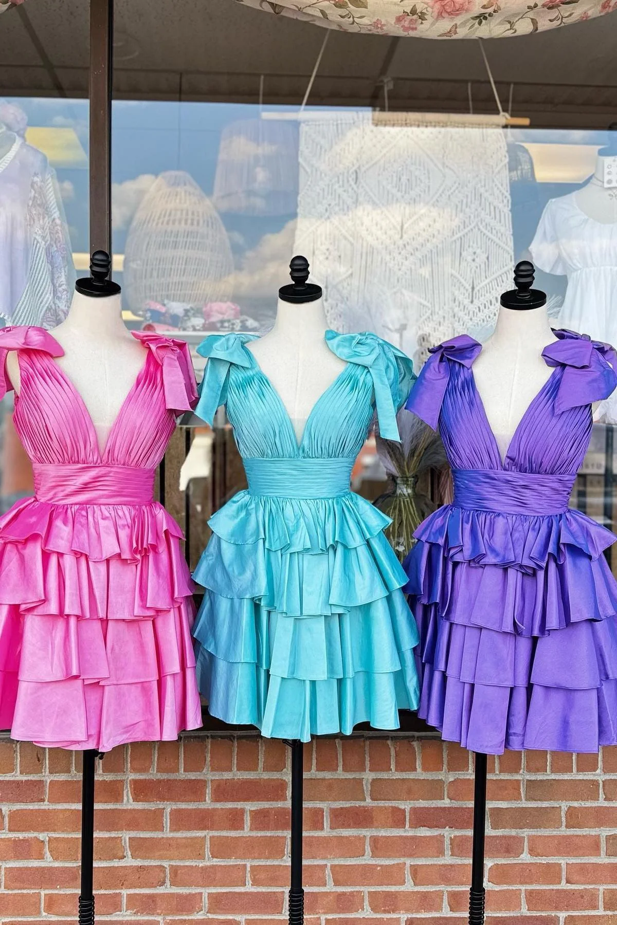 Plunge Neck Pink Layered Ruched Short Dress - Image 7