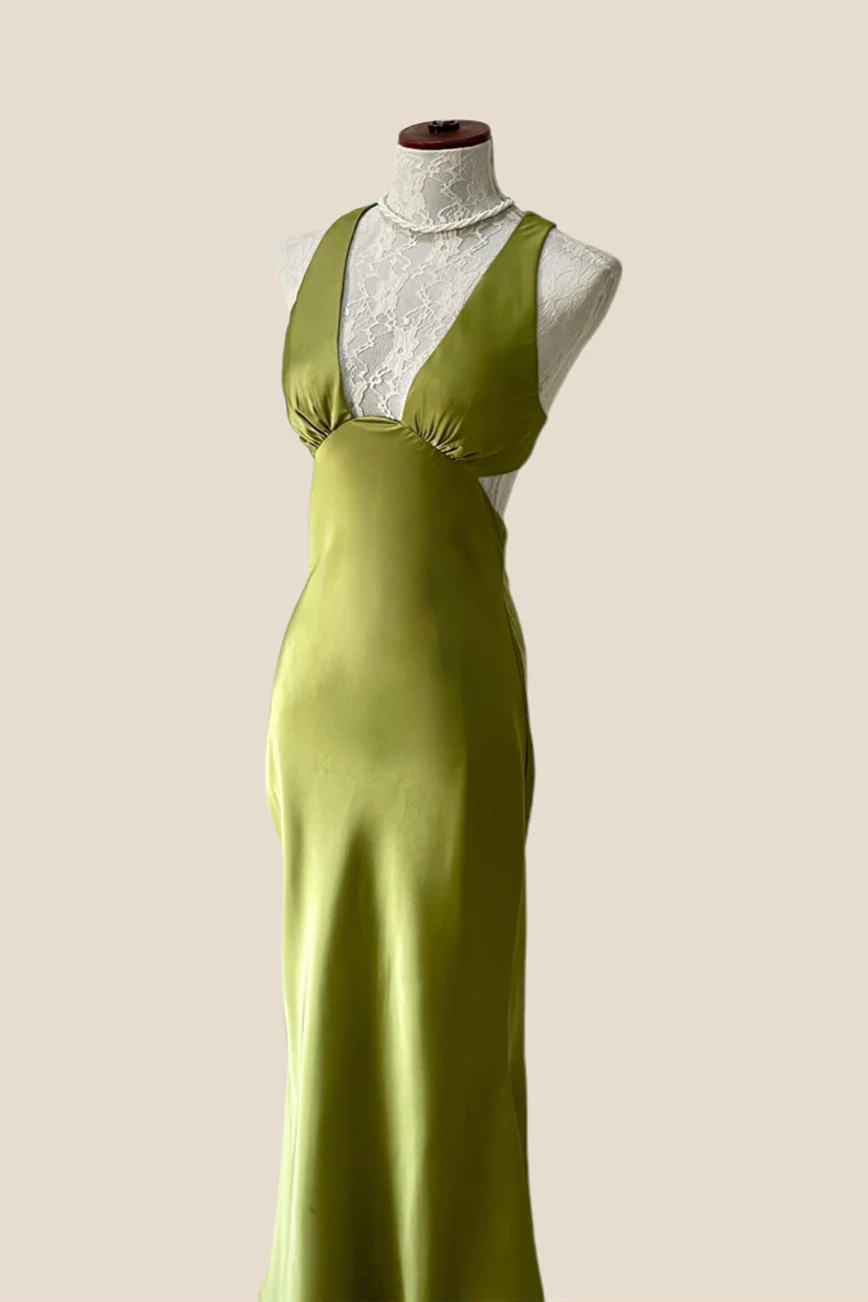 Plunge Neck Green Cutout Sheath Long Dress - Image 3