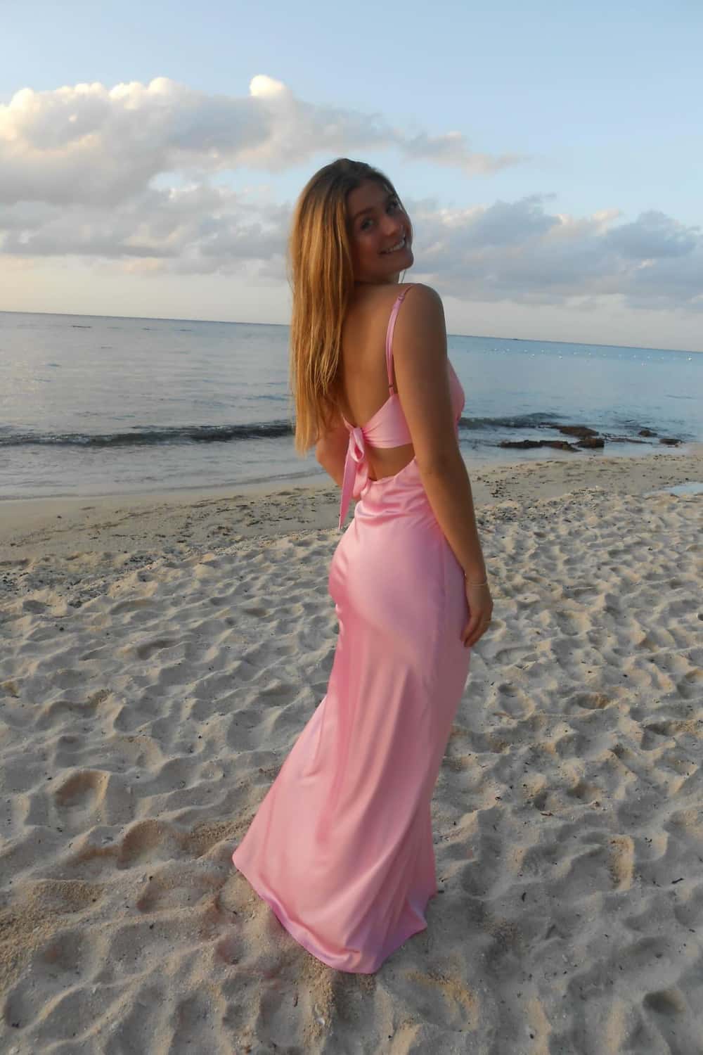 Plunge Neck Pink Back Tie Long Dress - Image 3