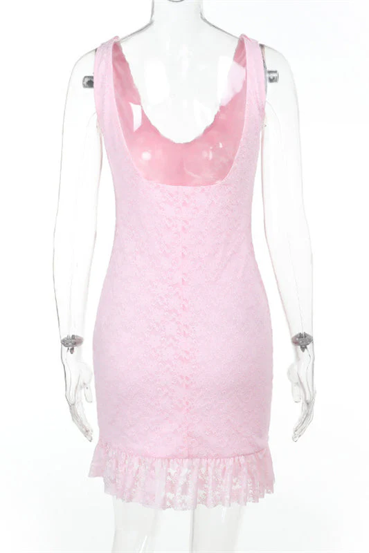Plunge Neck Pink Ruffled Hem Lace Short Dress - Image 2