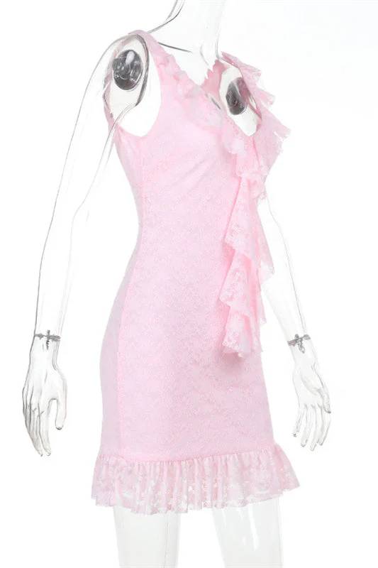Plunge Neck Pink Ruffled Hem Lace Short Dress - Image 3