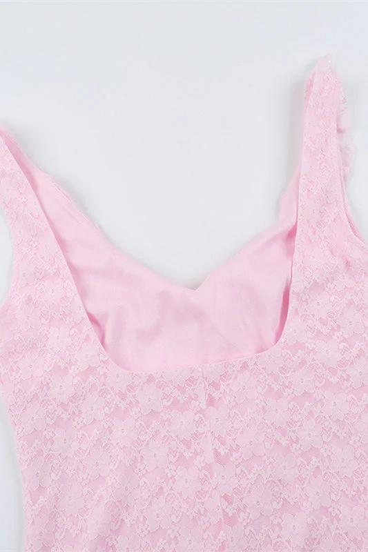 Plunge Neck Pink Ruffled Hem Lace Short Dress - Image 5