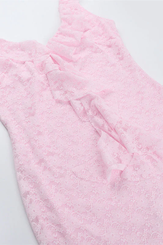 Plunge Neck Pink Ruffled Hem Lace Short Dress - Image 6