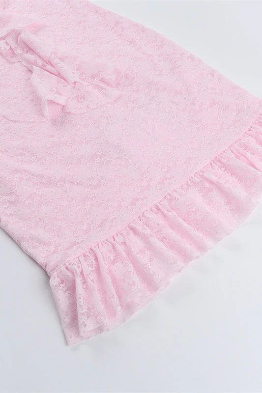 Plunge Neck Pink Ruffled Hem Lace Short Dress - Image 7