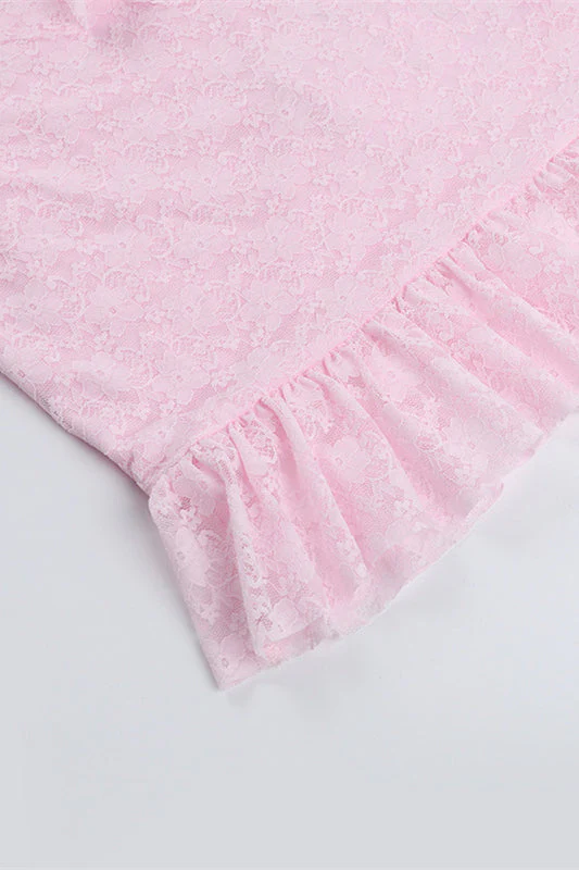 Plunge Neck Pink Ruffled Hem Lace Short Dress - Image 8