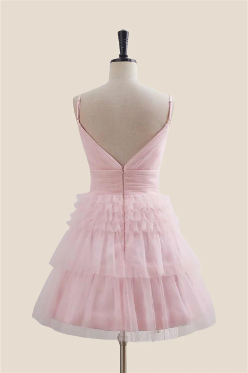 Plunge Neck Pink Tiered A-line Short Dress - Image 2