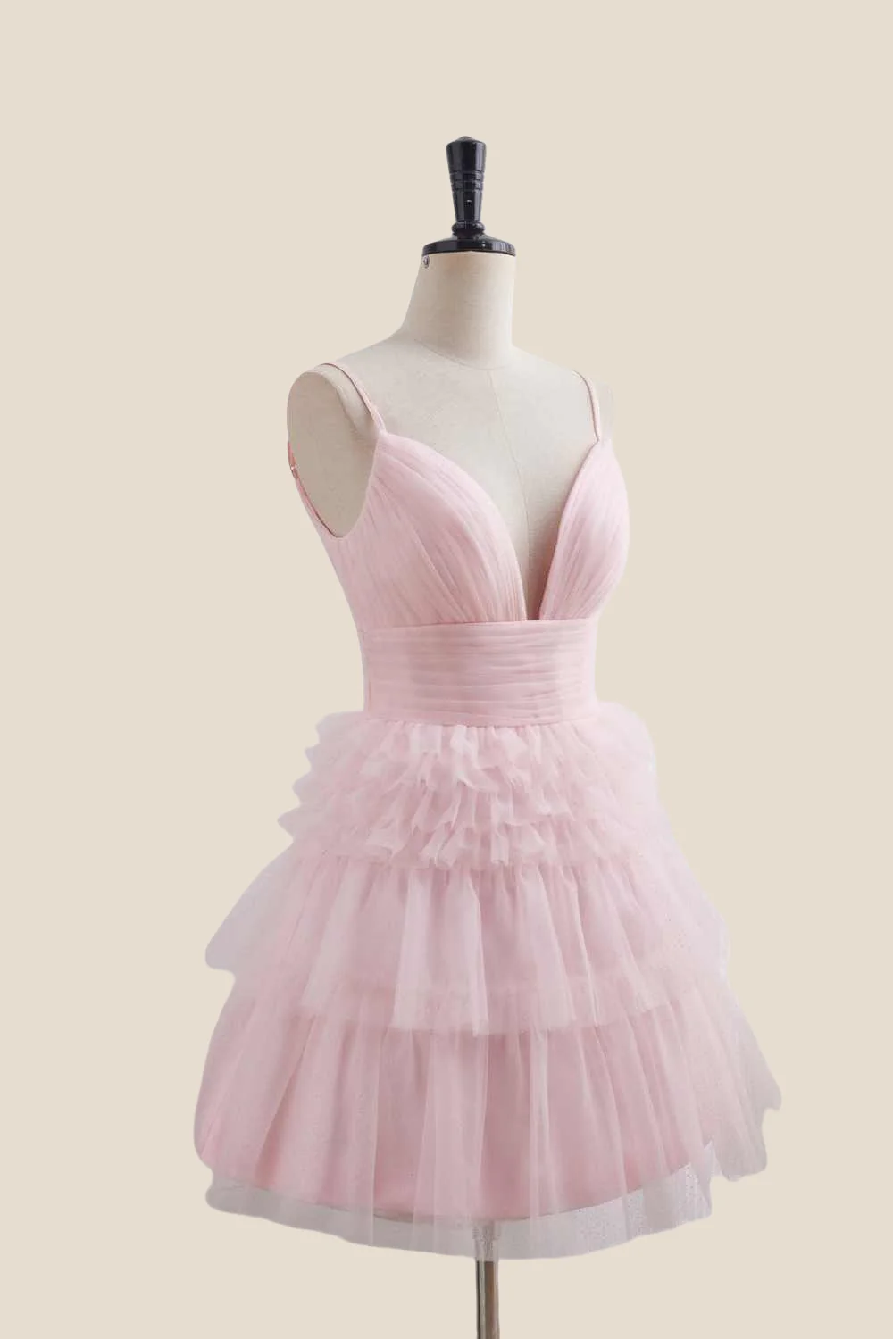 Plunge Neck Pink Tiered A-line Short Dress - Image 3