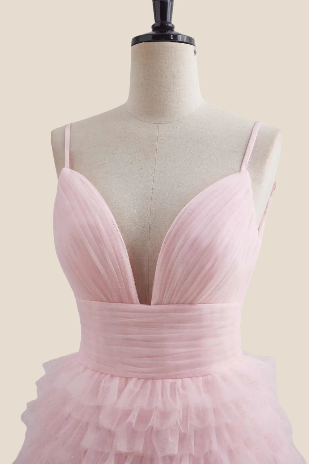 Plunge Neck Pink Tiered A-line Short Dress - Image 4