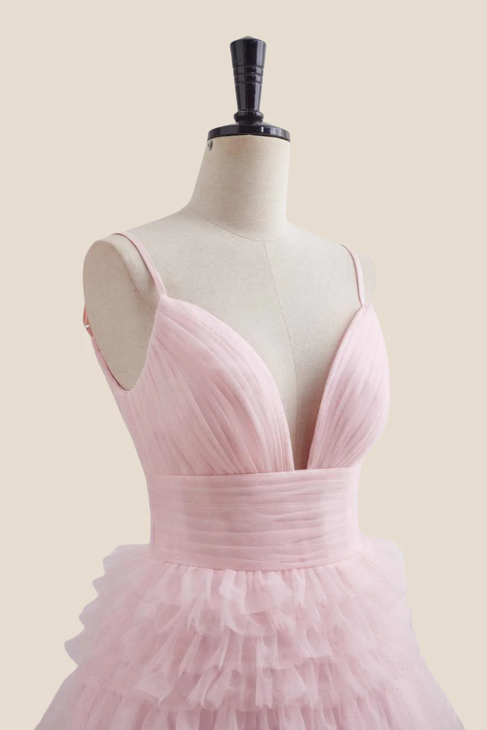 Plunge Neck Pink Tiered A-line Short Dress - Image 6