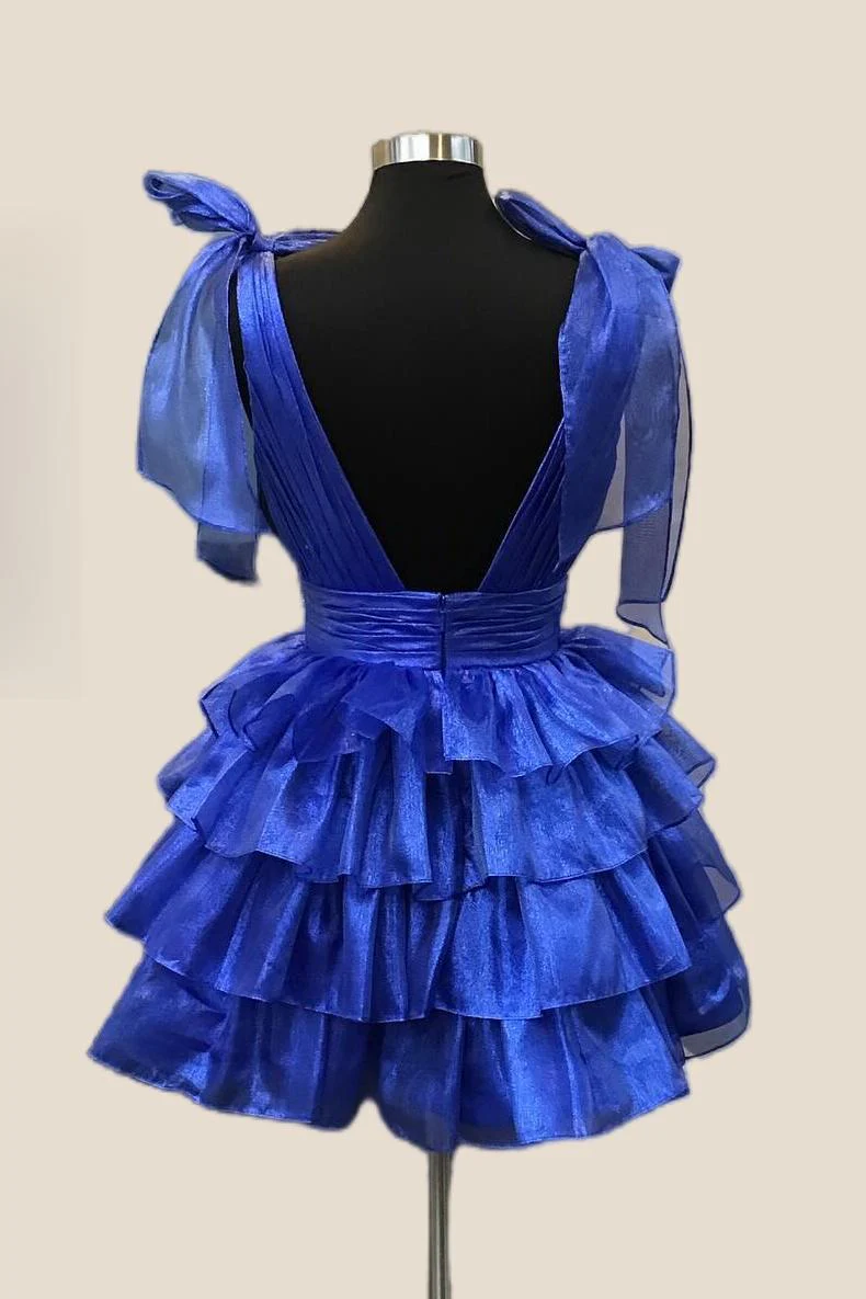 Plunge Neck Royal Blue Layered Short Dress - Image 6