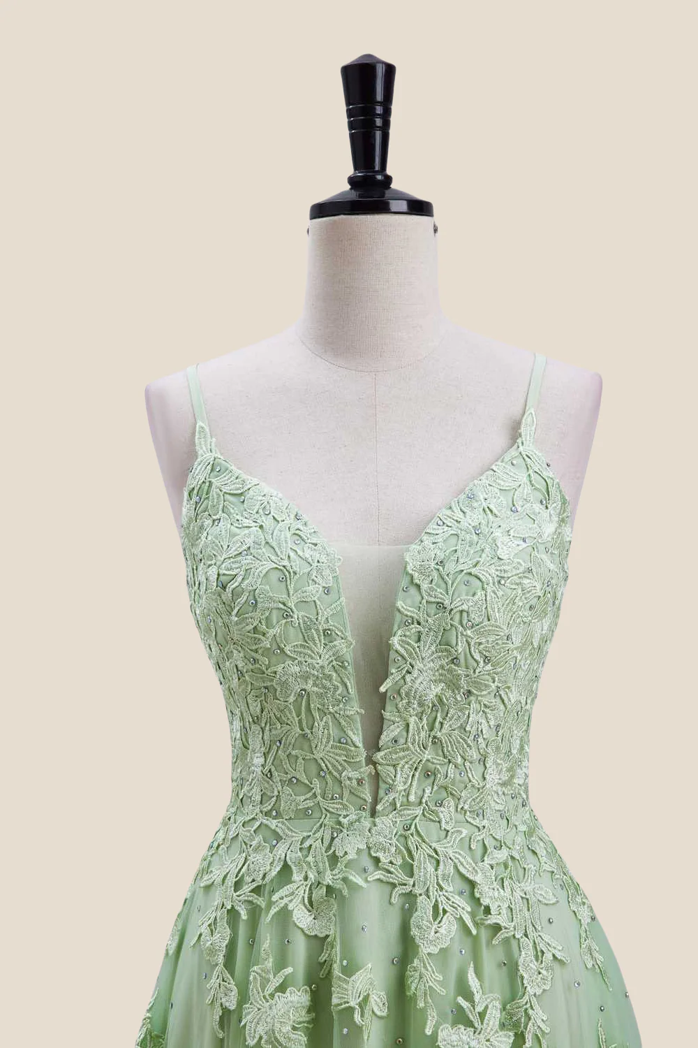 Plunge Neck Sage Appliques A-line Long Dress - Image 3