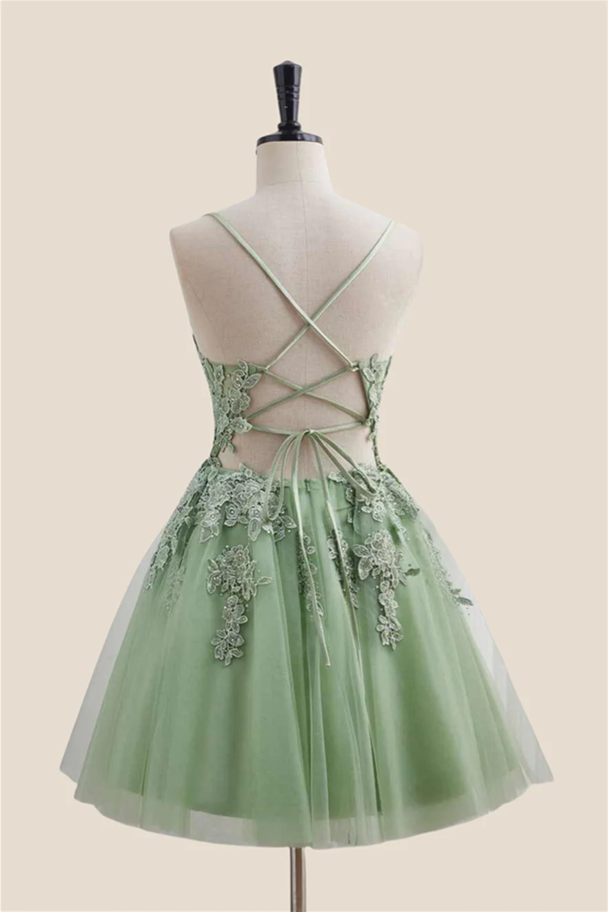 Plunge Neck Sage Green Appliques Short Dress - Image 2