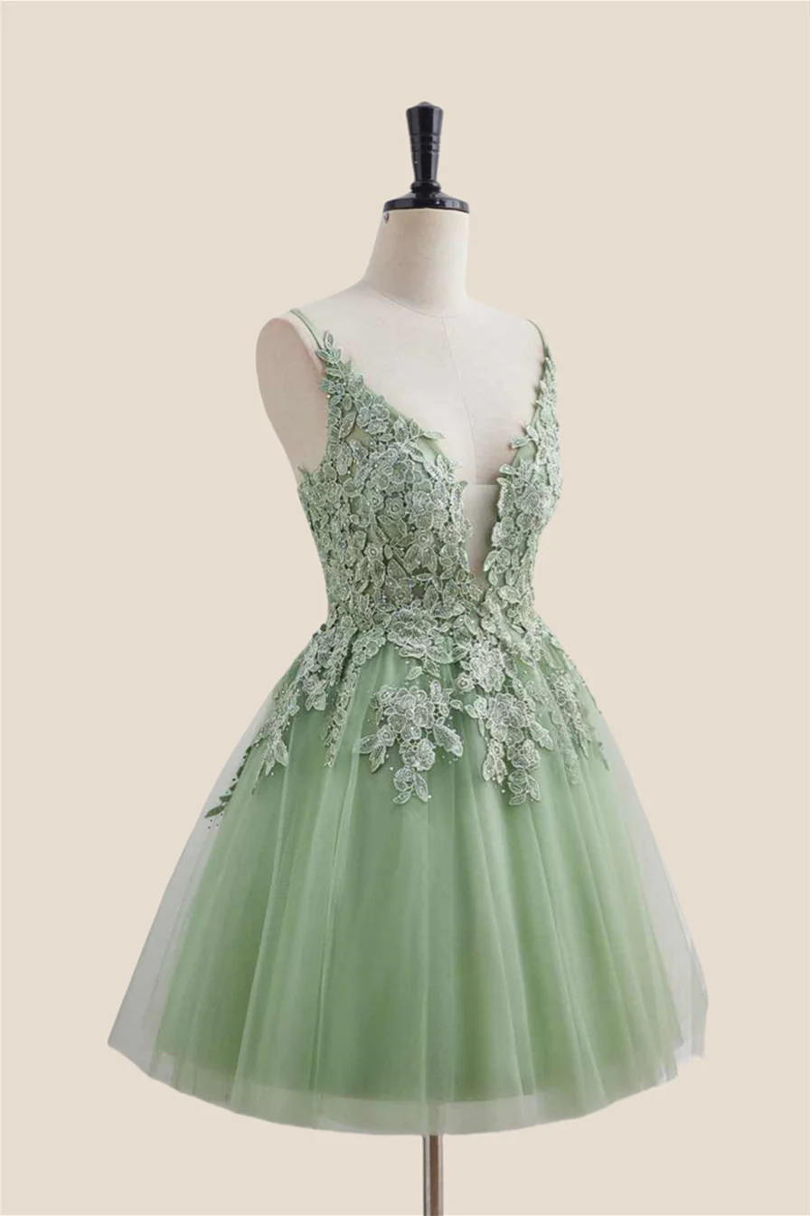 Plunge Neck Sage Green Appliques Short Dress - Image 3
