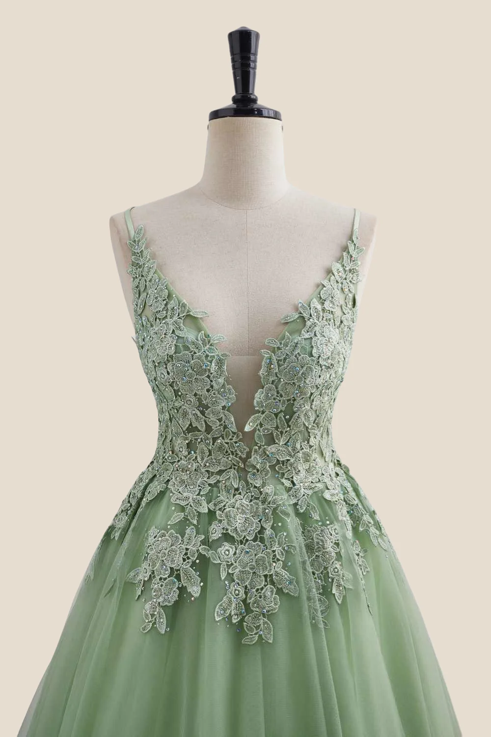 Plunge Neck Sage Green Appliques Short Dress - Image 4