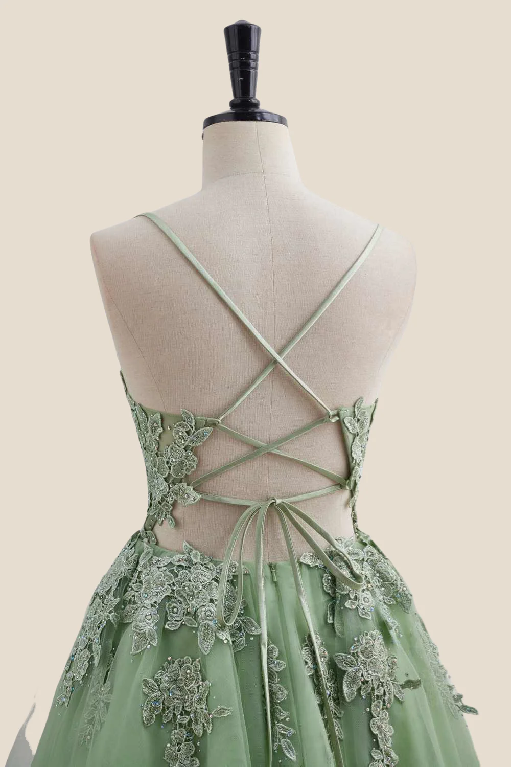 Plunge Neck Sage Green Appliques Short Dress - Image 5