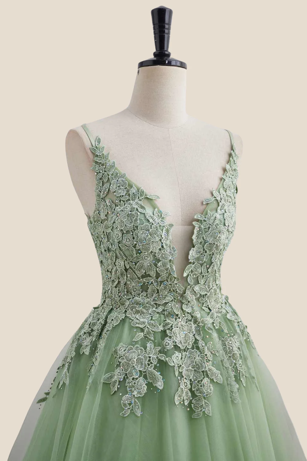 Plunge Neck Sage Green Appliques Short Dress - Image 6