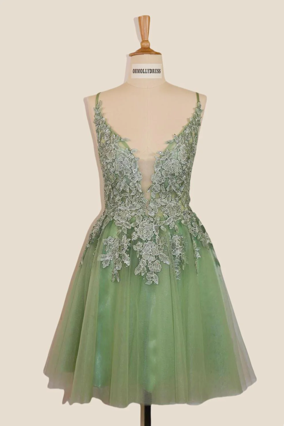 Plunge Neck Sage Green Appliques Short Dress - Image 7