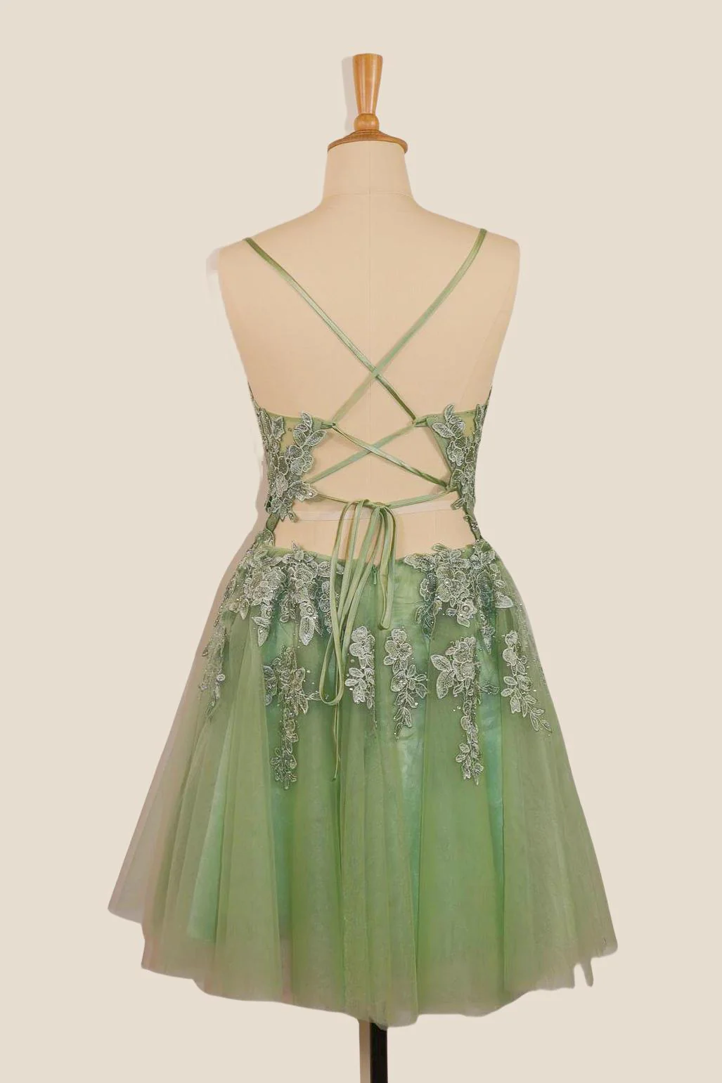 Plunge Neck Sage Green Appliques Short Dress - Image 8