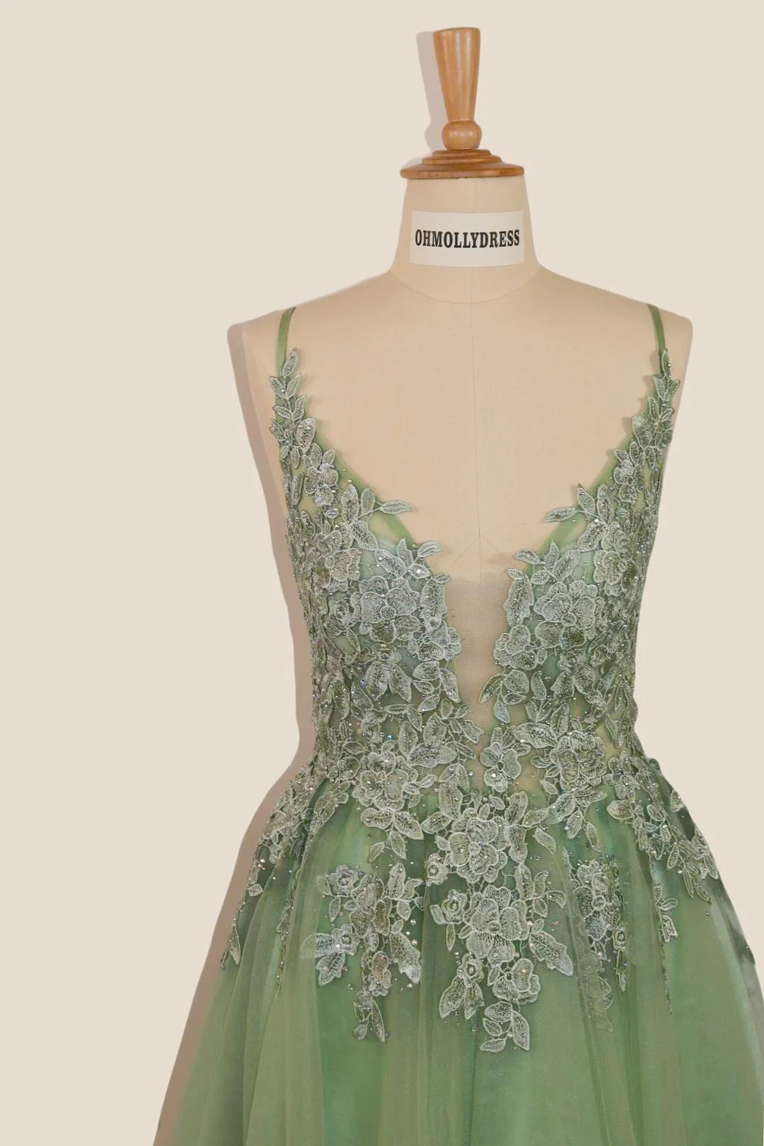 Plunge Neck Sage Green Appliques Short Dress - Image 9