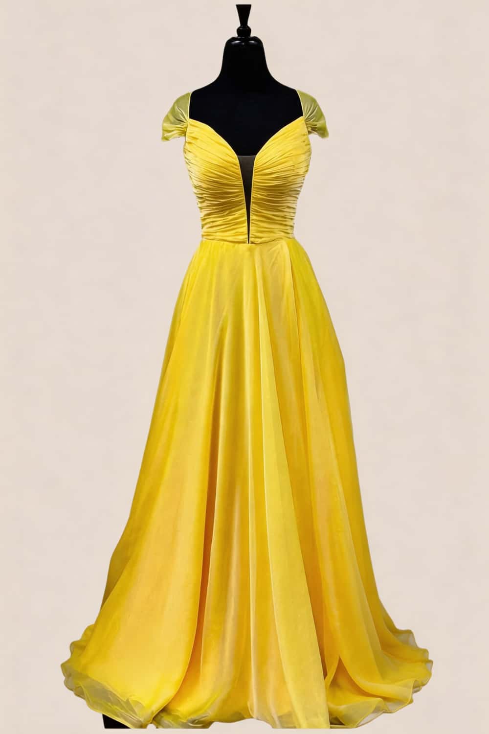 Plunge Neck Yellow Ruched Long Dress with Slit