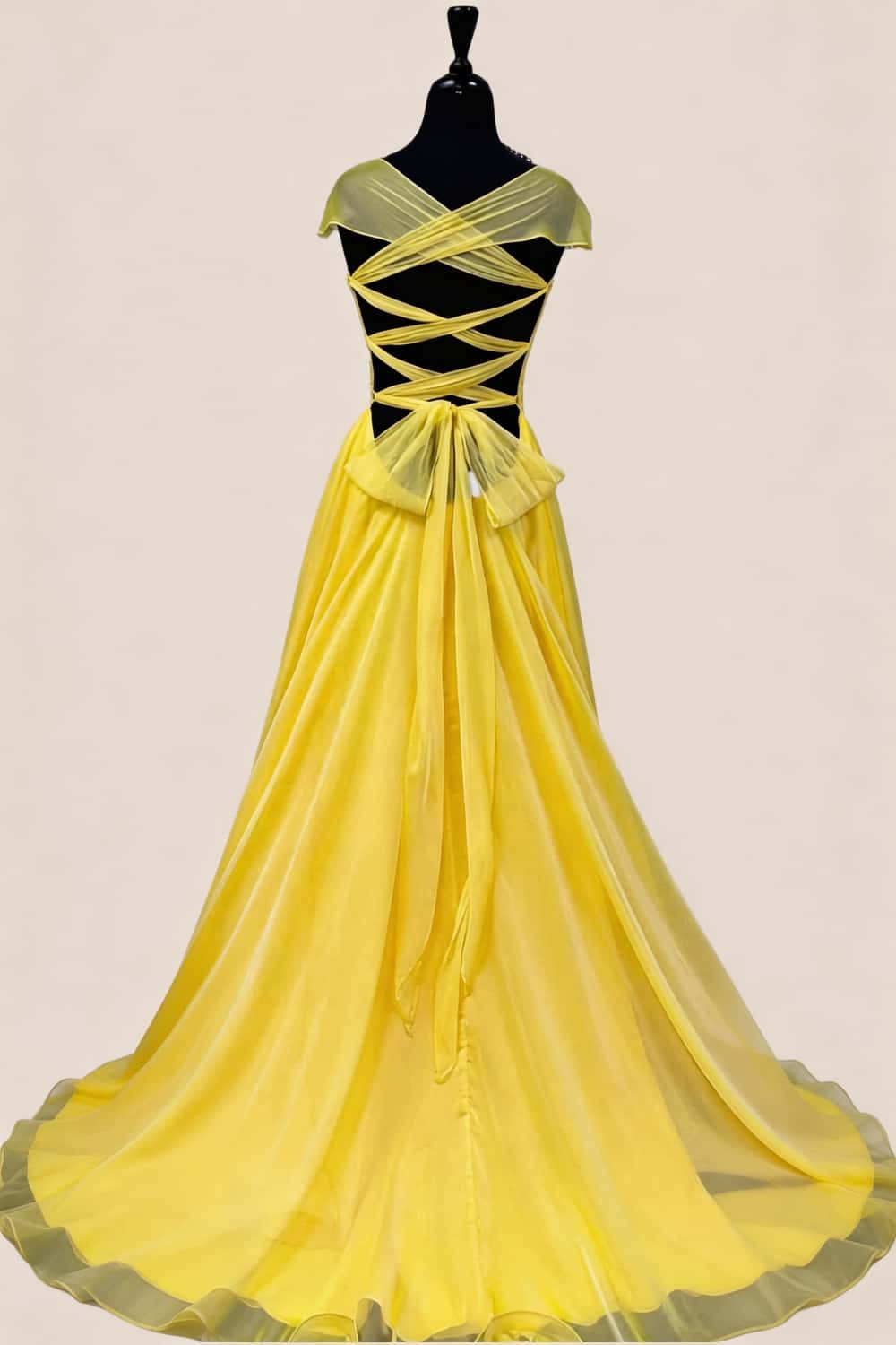 Plunge Neck Yellow Ruched Long Dress with Slit - Image 2