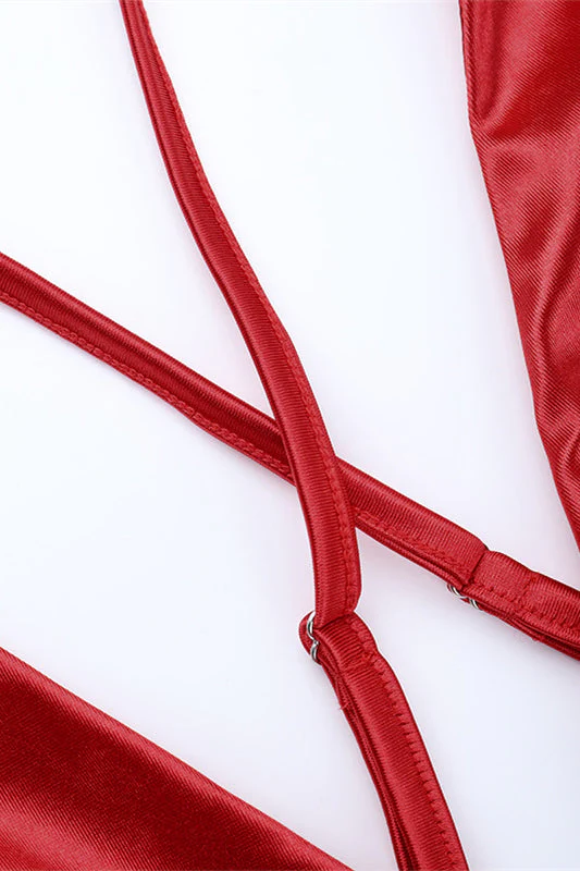 Plunge Red Ruched Long Dress with Slit - Image 5