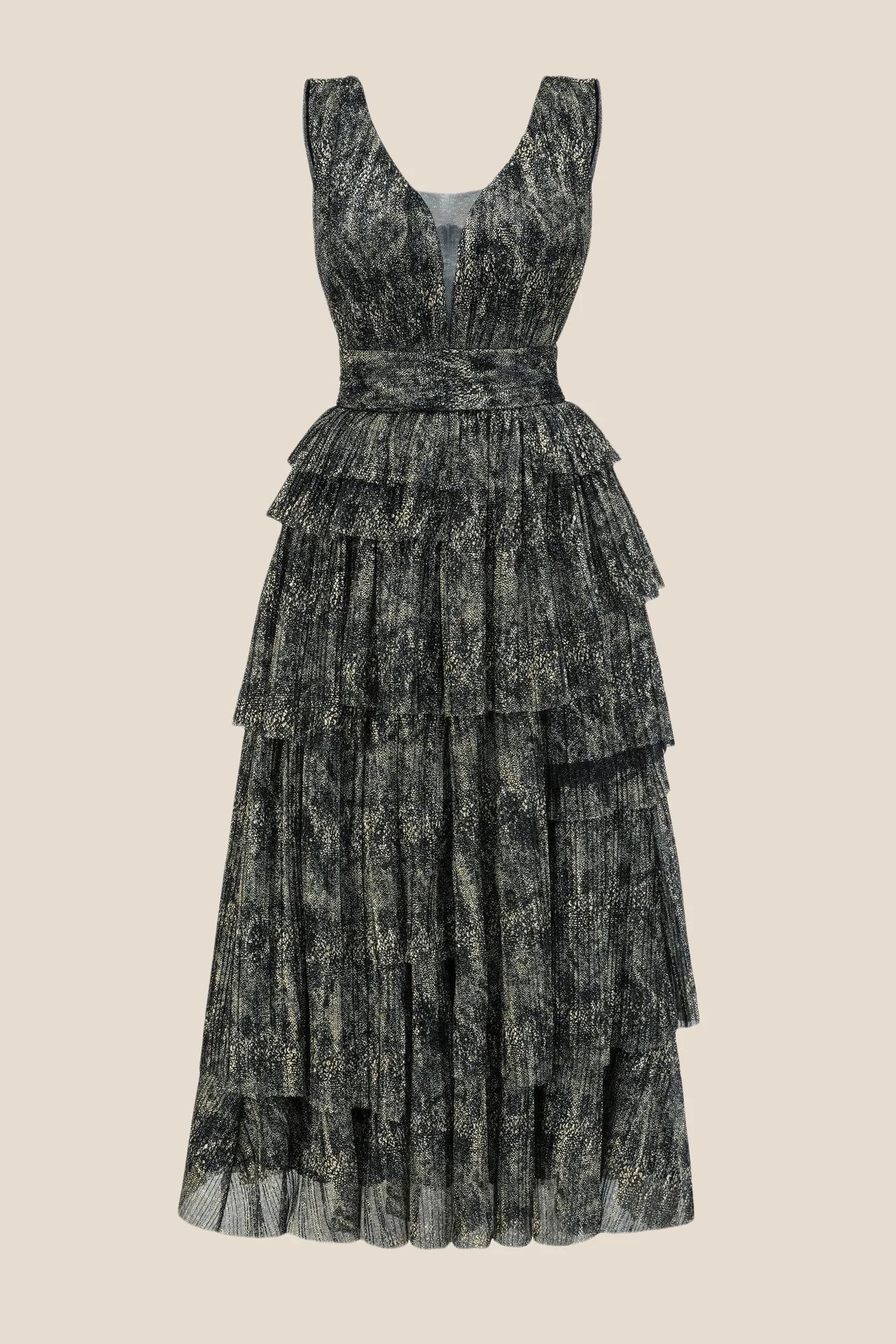 Plunge V-neck Champagne Tiered Long Dress - Image 11