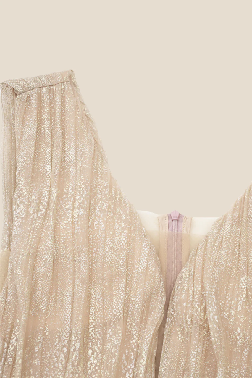 Plunge V-neck Champagne Tiered Long Dress - Image 3