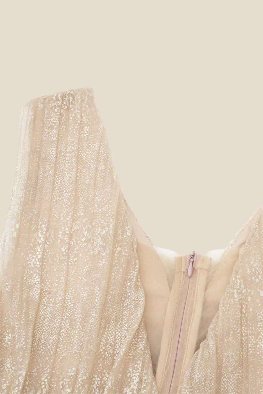 Plunge V-neck Champagne Tiered Long Dress - Image 4