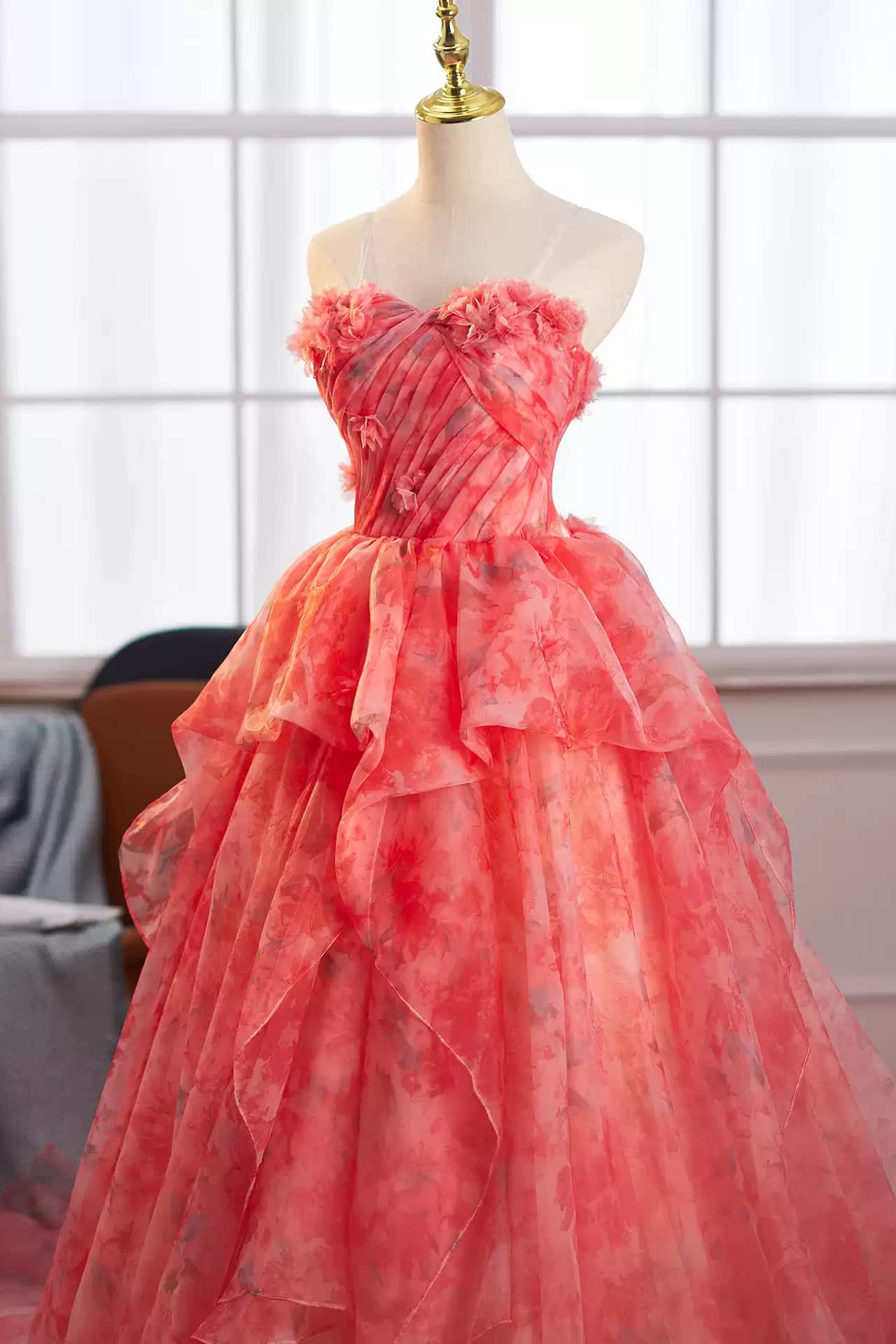 Princess Red Floral Ruffle Long Fairy Dress - Image 2