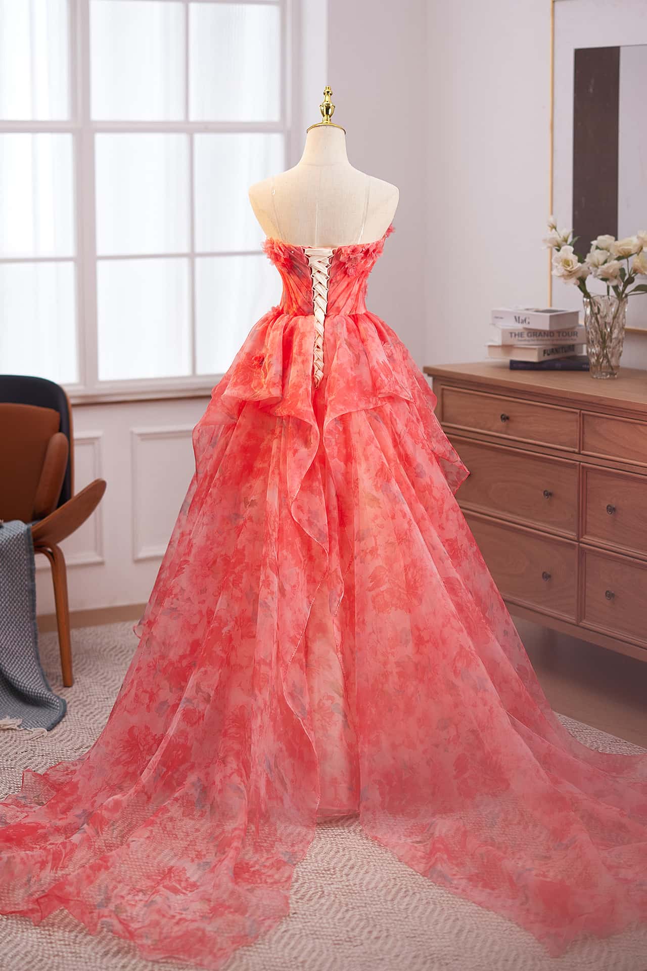 Princess Red Floral Ruffle Long Fairy Dress - Image 3