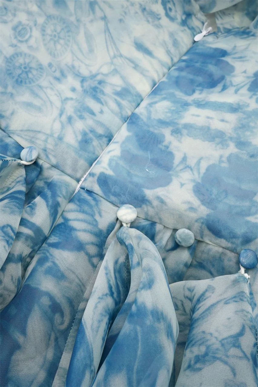 Puff Sleeves Blue Floral Print Ruffle Long Dress - Image 11