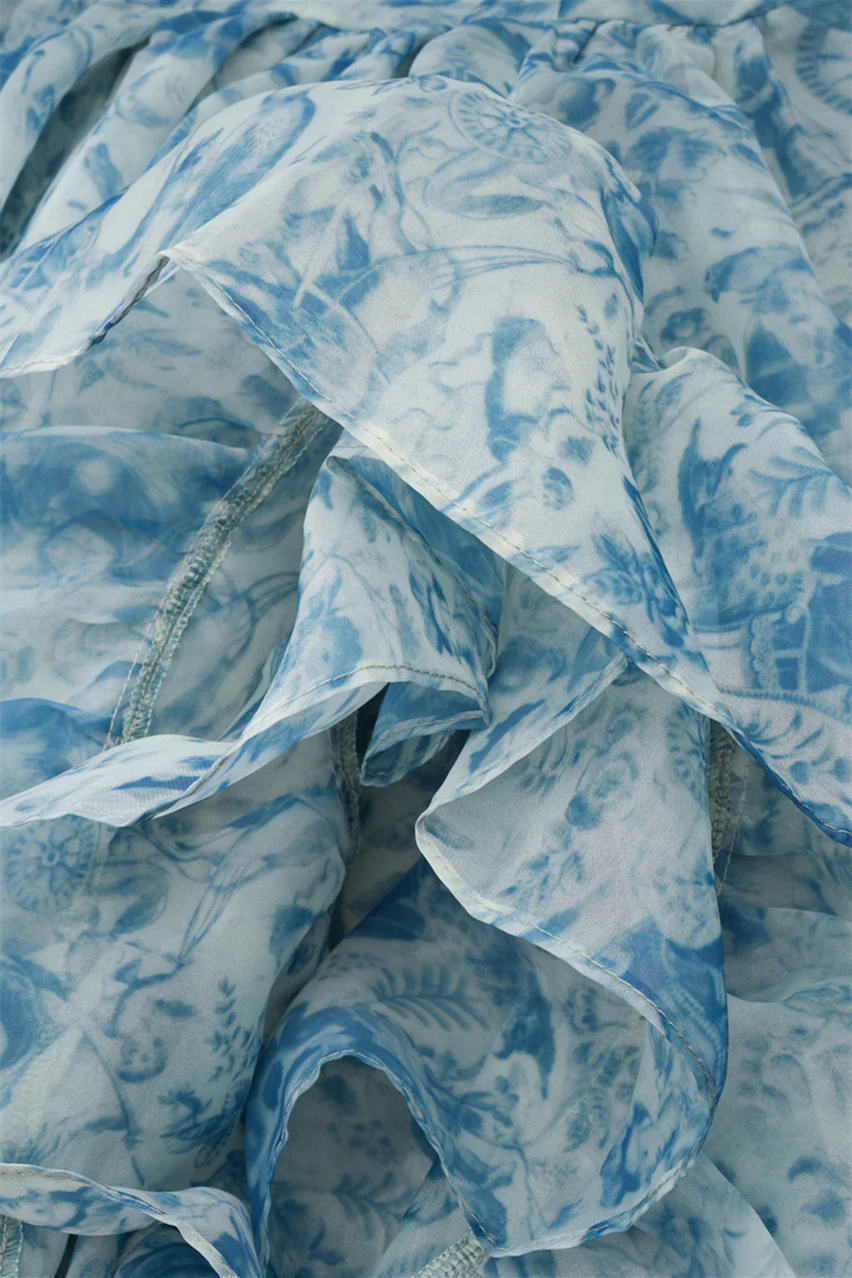 Puff Sleeves Blue Floral Print Ruffle Long Dress - Image 12