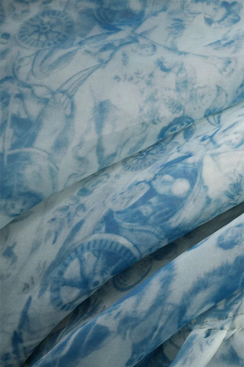 Puff Sleeves Blue Floral Print Ruffle Long Dress - Image 14