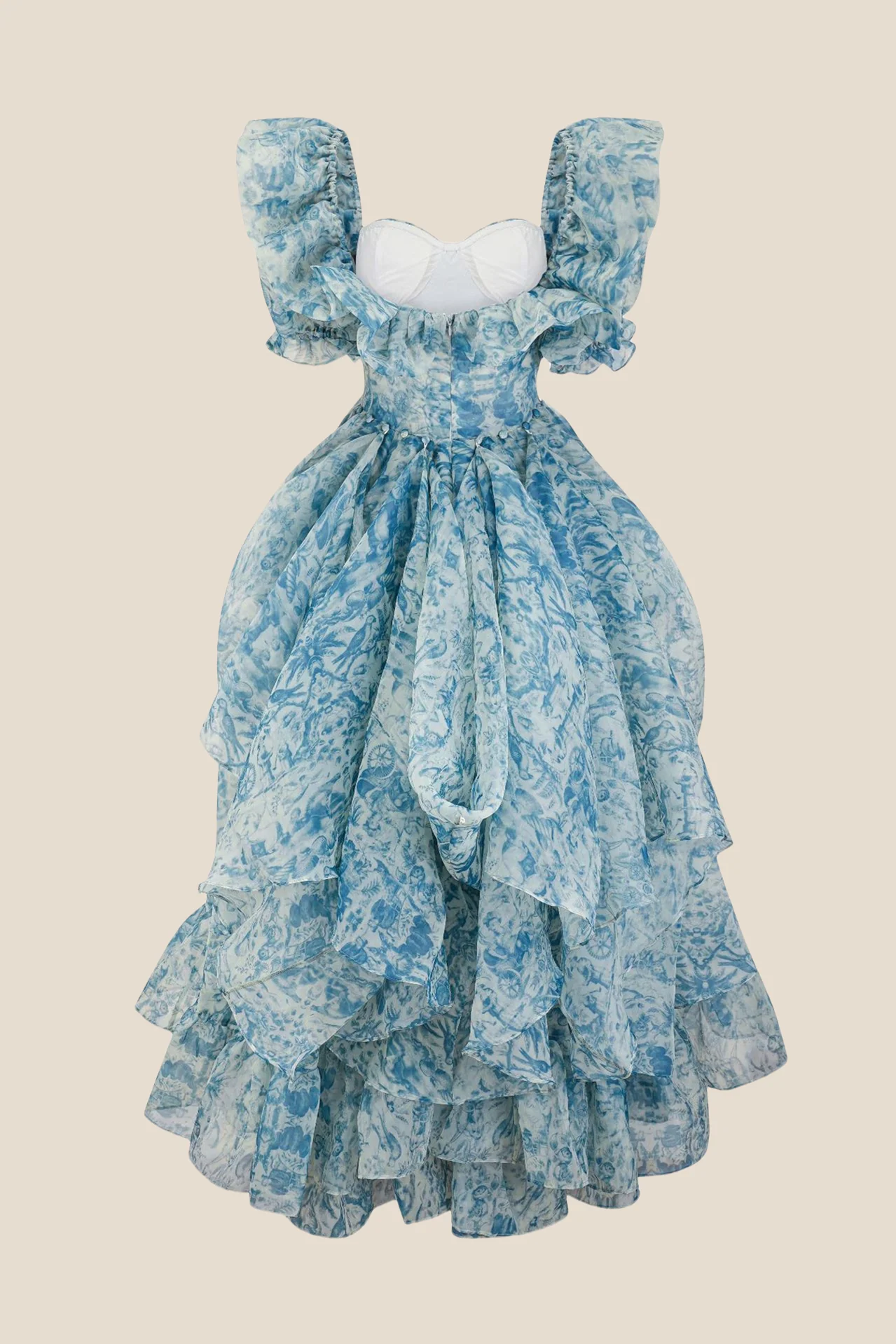 Puff Sleeves Blue Floral Print Ruffle Long Dress - Image 2