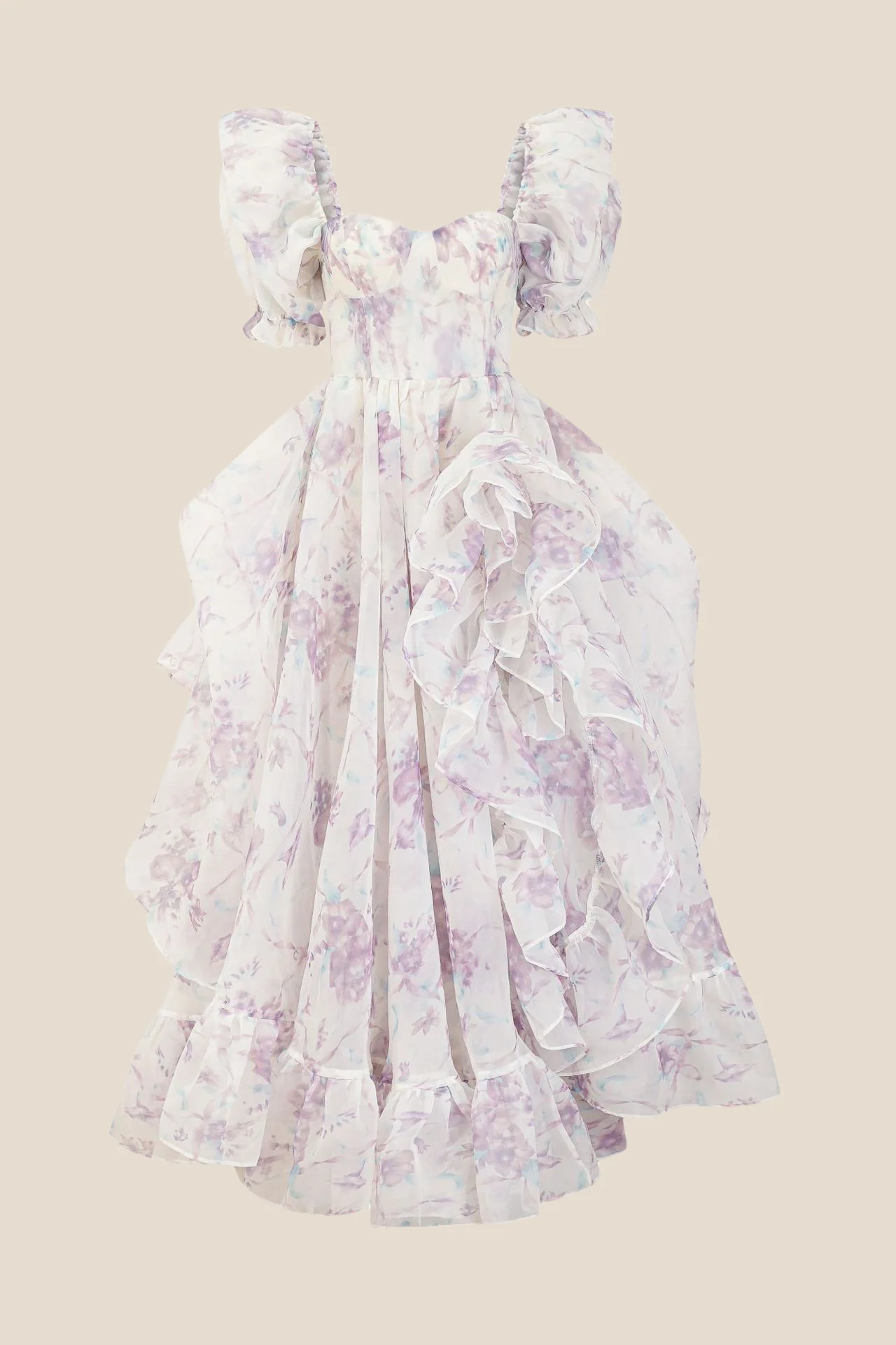 Puff Sleeves Blue Floral Print Ruffle Long Dress - Image 3