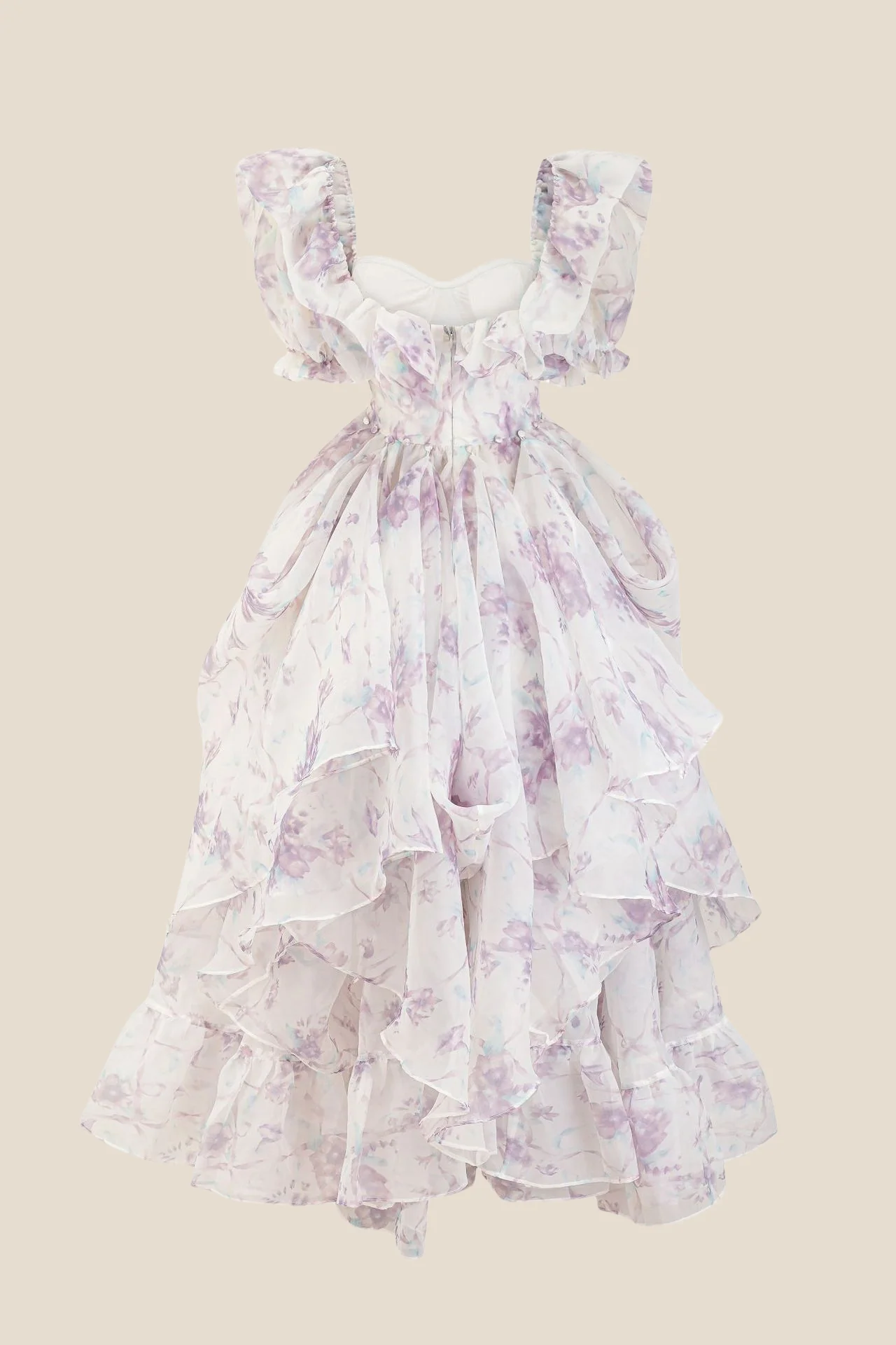Puff Sleeves Blue Floral Print Ruffle Long Dress - Image 4