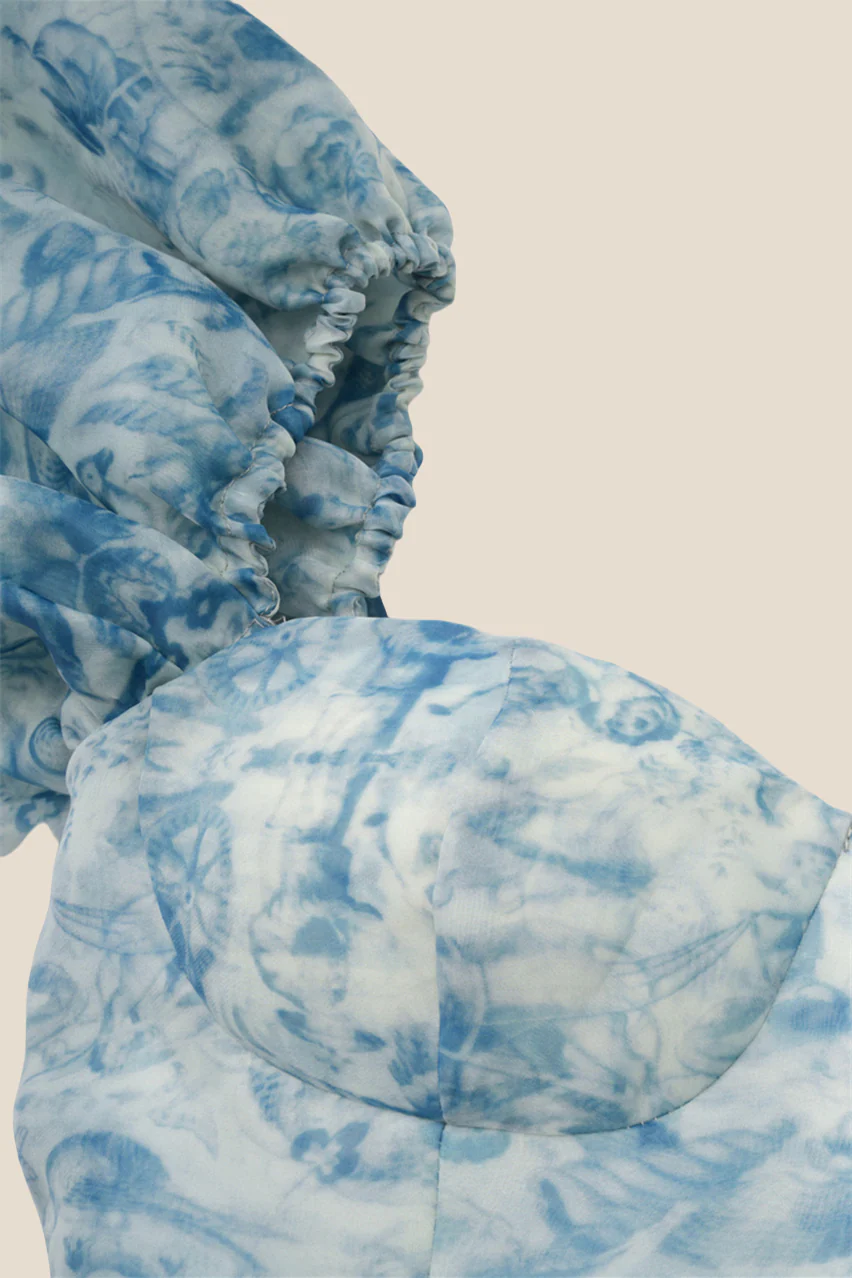 Puff Sleeves Blue Floral Print Ruffle Long Dress - Image 5