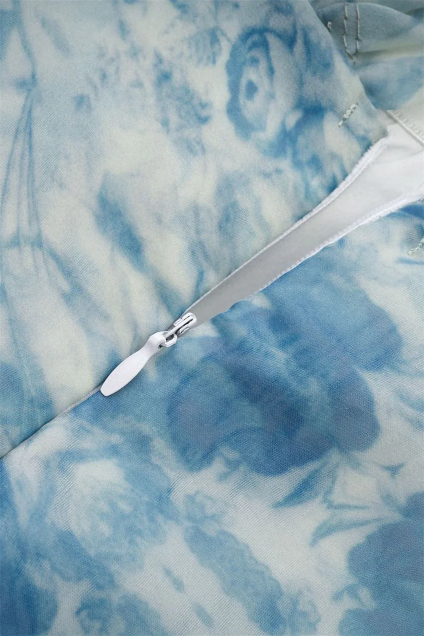 Puff Sleeves Blue Floral Print Ruffle Long Dress - Image 6