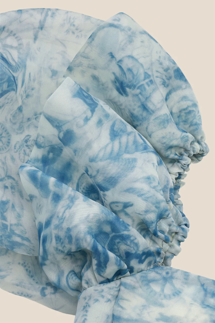 Puff Sleeves Blue Floral Print Ruffle Long Dress - Image 7