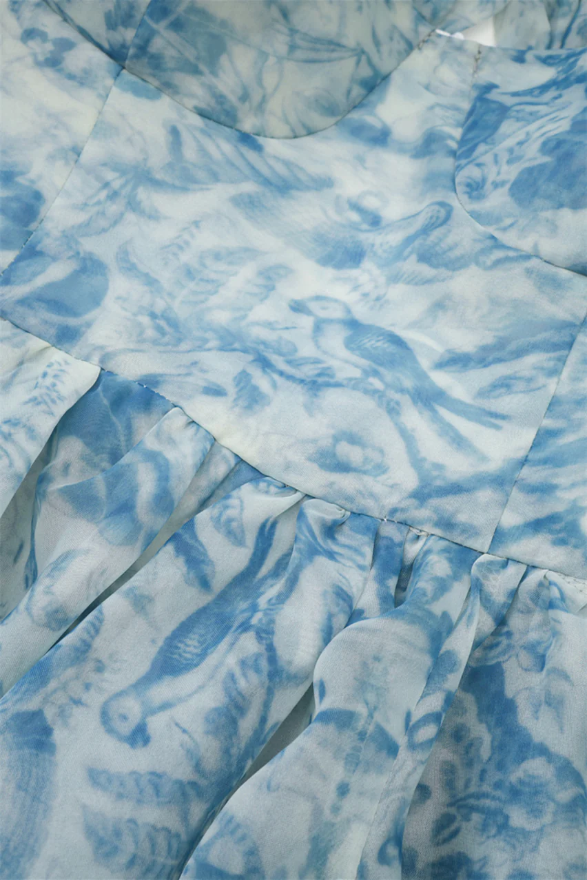 Puff Sleeves Blue Floral Print Ruffle Long Dress - Image 9