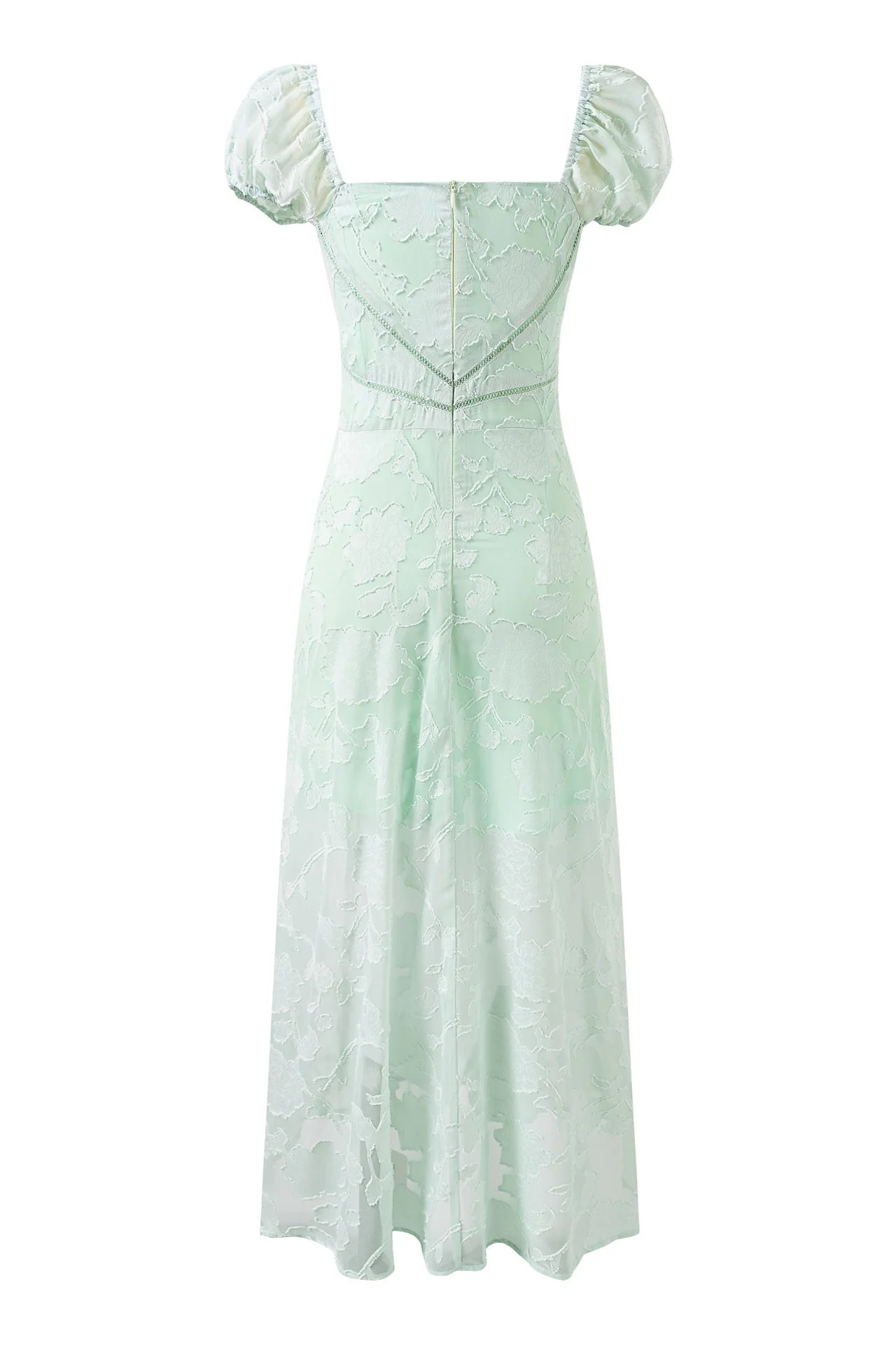 Puff Sleeves Green Floral Long Dress - Image 2