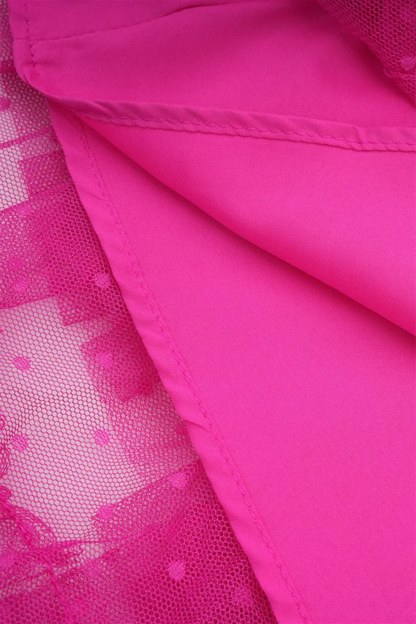 Puff Sleeves Hot Pink Dots Tiered Long Dress - Image 10