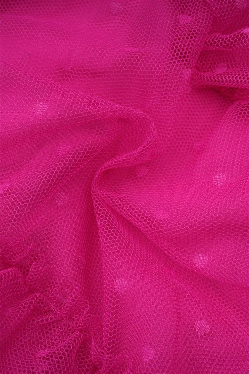Puff Sleeves Hot Pink Dots Tiered Long Dress - Image 11