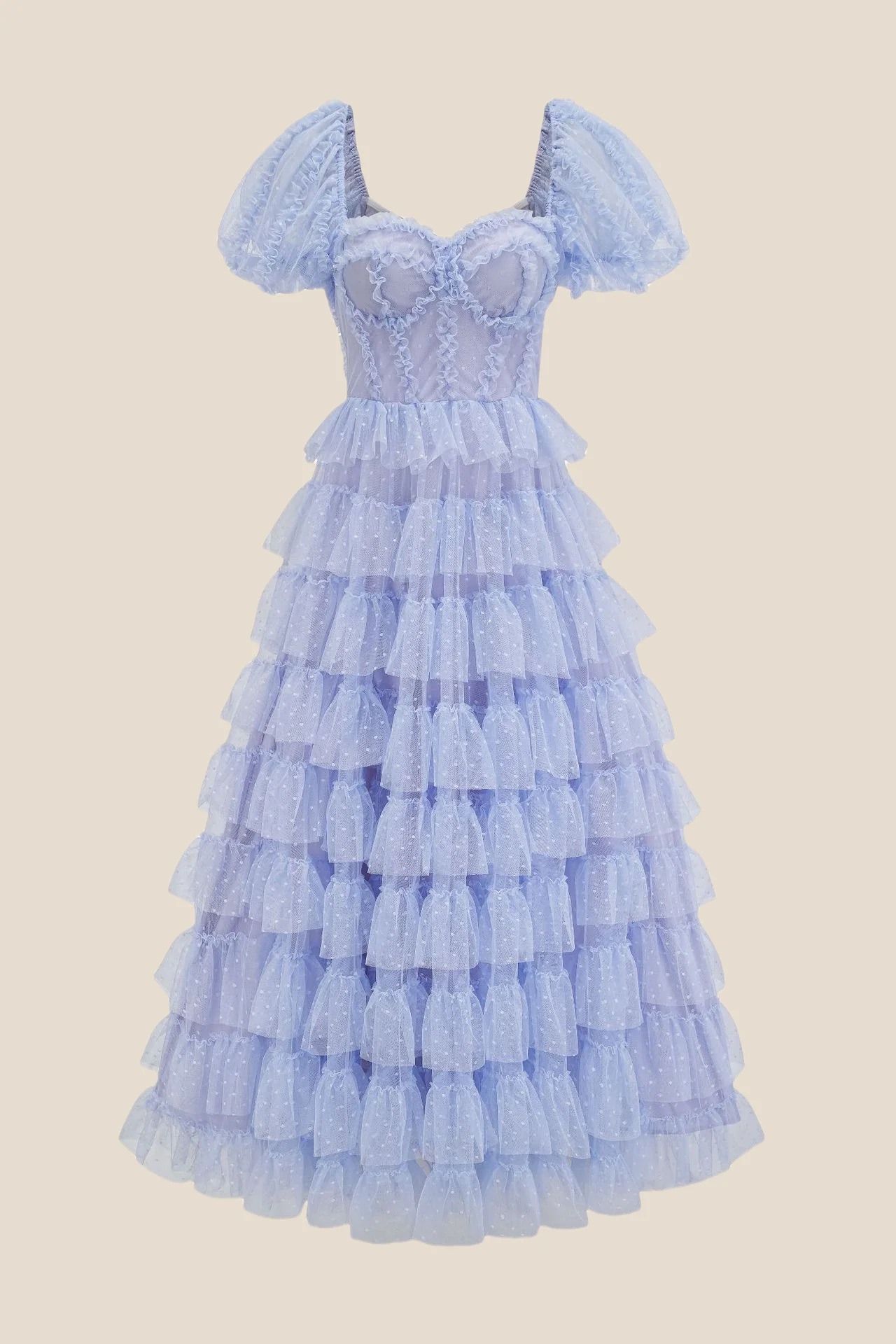 Puff Sleeves Hot Pink Dots Tiered Long Dress - Image 12